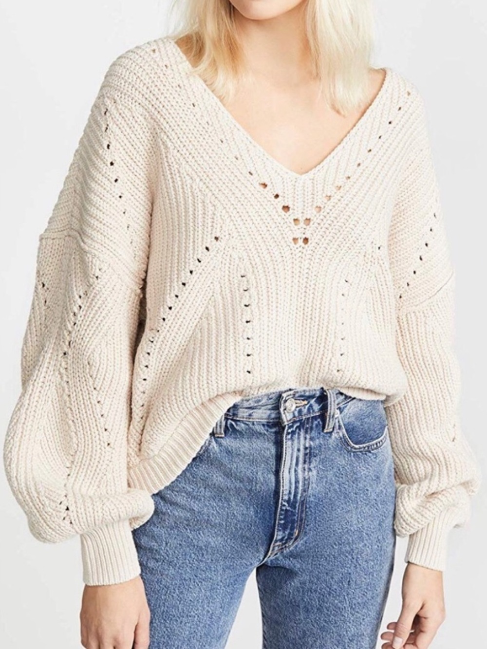 Free People Women’s V-Neck Chunky Knit Sweater in Cream